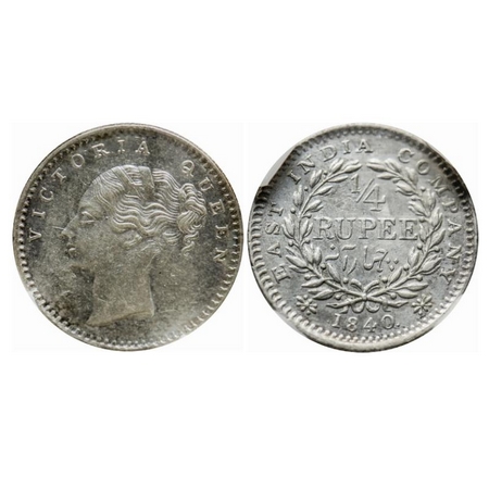 Victoria Queen, Silver, 1/4 Rupee, 1840, Continuous Legend, Bombay Mint, A(b)/I, No curl o