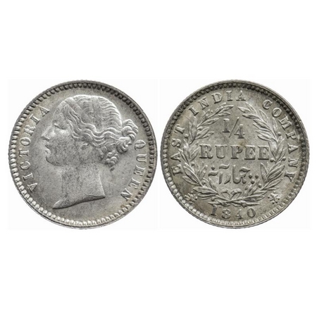 Victoria Queen, Silver, 1/4 Rupee, 1840, Divided legend, Calcutta Mint, W.W. raised, 10 Be