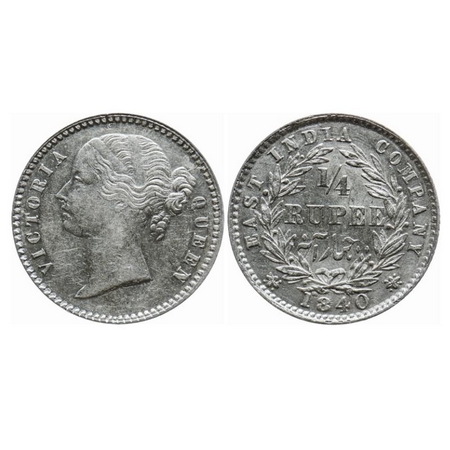 Victoria Queen, Silver, 1/4 Rupee, 1840, Divided Legend, Calcutta Mint, W.W. raised, 10 Be