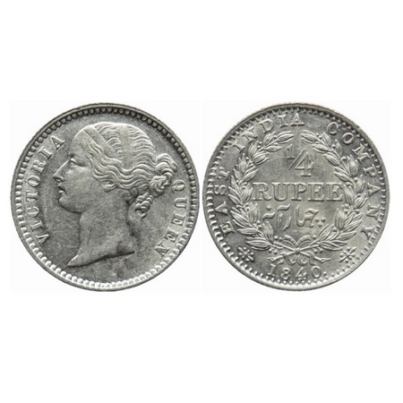 Victoria Qeen, Silver, 1/4 Rupee, 1840, Divided legend, Calcutta Mint, W.W. raised, 34 Ber