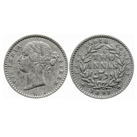 Victoria Queen, Silver, 2 Annas, 1841, Divided Legend, Calcutta Mint. W.W. raised, 9 Berri