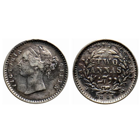 Victoria Queen, Silver 2 Annas, 1841, Divided Legend, Calcutta Mint, W.W. raised, (5L + 4R