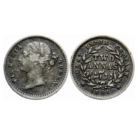 Victoria Queen, Silver, 2 Anna, 1841, Divided Legend, Madras Mint, 'S' incused, W.W. raise