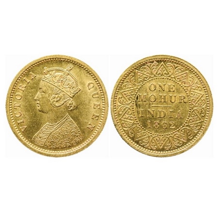 Victoria Queen, Gold, One Mohur, 1862, Two-Flowers in bottom panel of jabot and a rearrang