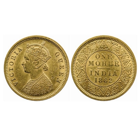 Victoria Queen, Gold, One Mohur, 1862, Planchet flaw on Obv, Nick on obv rim. F.Prid. 6. E