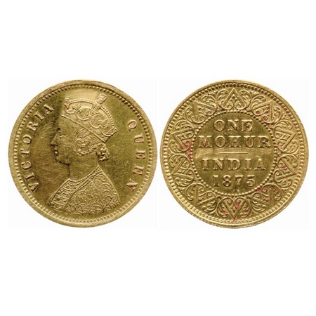 Victoria Queen, Gold, One Mohur, 1875, Two-flower type and 'V' in relief. Scratches on Obv