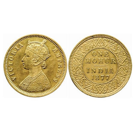 Victoria Empress, Gold, One Mohur, 1877, Two-flower type and 'V' in relief. A tiny nick on