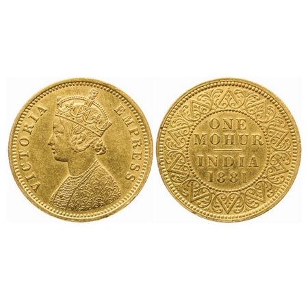 Victoria Empress, Gold, One Mohur, 1881, Two-Flower Type and 'V' in relief. A tiny nick on