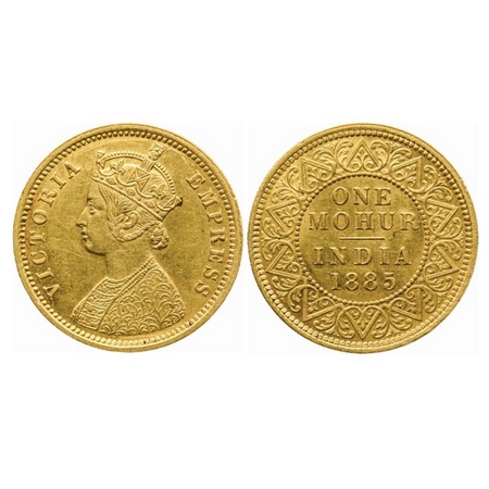 Victoria Empress, Gold, One Mohur, 1885, Two-Flower Type and 'V' in relief. F.Prid 21. Ext