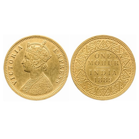 Victoria Empress, Gold, One Mohur, 1889, Two-Flower Type and 'V' in relief, A small nick o