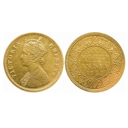 Victoria Empress, Gold, One Mohur, 1891, Two-Flower Type and 'V' in relief. F.Prid 24. Ext