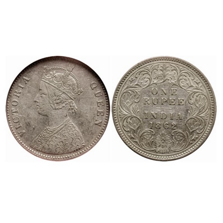 Victoria Queen, Silver, Rupee, 1862, Calcutta Mint, A/I, With initial 'J', Die rotation on