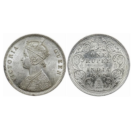 Victoria Queen, Silver, Rupee, 1862, Calcutta Mint, A/I. GK 256. About Extremely Fine. Sca