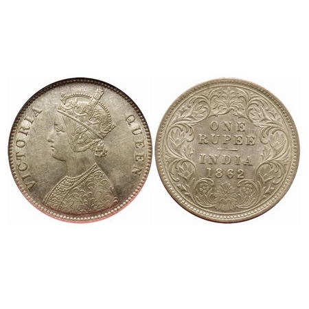 Victoria Queen, Silver, Rupee, 1862, Calcutta Mint, A/I, w/o initial 'J'. GK 256. NGS Slab