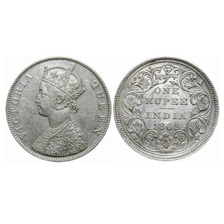 Victoria Queen, Silver, Rupee, 1862, Madras Mint, B/II/0/0, with enclosed frame effect and