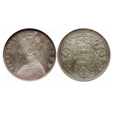 Victoria Queen, Silver, Rupee, 1862, Madras Mint, B/II/0/0, with enclosed frame effect and