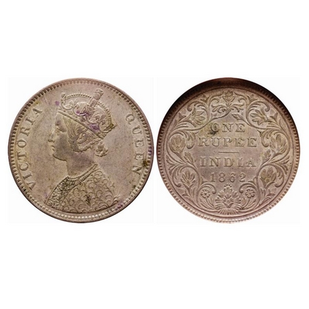 Victoria Queen, Silver, Rupee, 1862, Bombay Mint, A/II/0/4, Ghost image on obv and rev, w/