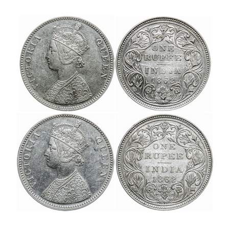 Victoria Queen, Silver, Rupee (2 coins), 1862, Bombay Mint, A/II/0/5, Broken 'D' in India,