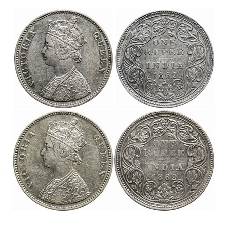 Victoria Queen, Silver, Rupee (2 coins), 1862, Bombay Mint, A/II/0/6. GK 322, 324. Extreme