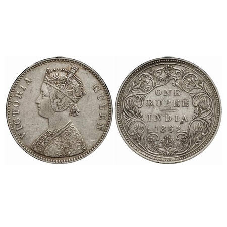 Victoria Queen, Silver, Rupee, 1862, Bombay Mint, A/II/1/10, Dot within the tip of top flo