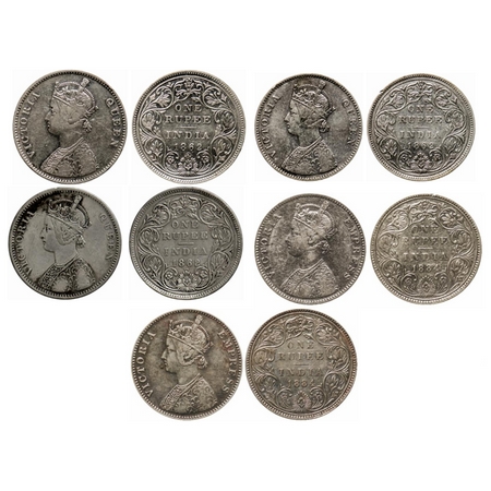 Victoria Queen and Empress, Silver, Rupee (5 coins), 1862, Bombay Mint, A/II/0/10 Dots (2 