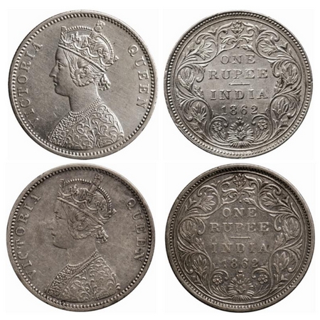 Victoria Queen, Silver, Rupee (2 coins), 1862, Bombay Mint, A/II/1/2, Dots, with initial '