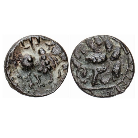 Post-Vakataka, Vishnukundin Type, Khandesh Region, Copper Base Alloy, 1.38gm, Obv: Bull wa