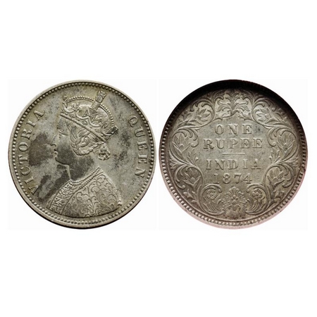 Victoria Queen, Silver, Rupee, 1874, Calcutta Mint, A1/I, No mint mark. GK 418. NGS Slabbe