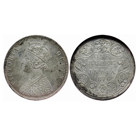 Victoria Queen, Silver, Rupee, 1876, Bombay Mint, A2/II, Dot. GK 430. NGS Slabbed AMS 58. 