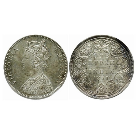 Victoria Empress, Silver, Rupee, 1877, Bombay Mint, A3/II, Dot. GK 437. NGS Slabbed AMS 58