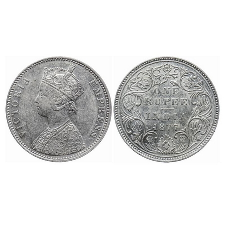Victoria Empress, Silver, Rupee, 1877, Bombay Mint, A3/II(i), Dot. GK 440. Extremely Fine.