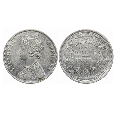 Victoria Empress, Silver, Rupee, 1878, Calcutta Mint, A1/I, No mint mark. GK 455. About Ex