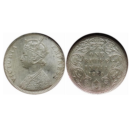 Victoria Empress, Silver, Rupee, 1880, Bombay Mint, A3/II(iv), Dot. GK 467. NGS Slabbed Ex