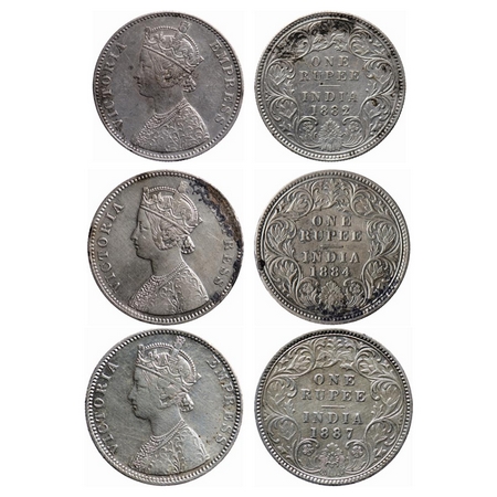 Victoria Empress, Silver, Rupee (3 coins), 1882, Bombay Mint, A3/I, Dot, Die crack on Obve