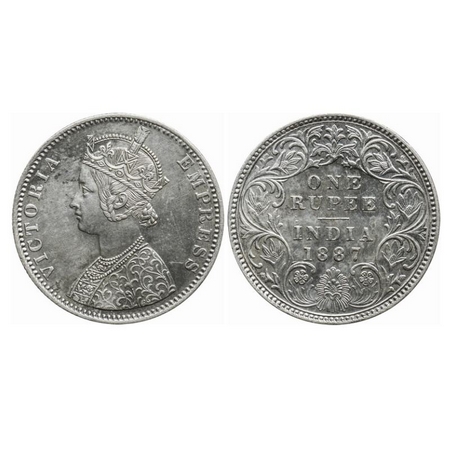 Victoria Empress, Silver, Rupee, 1887, Bombay Mint, C2/I(ii), 'B' incused (inverted). GK 5