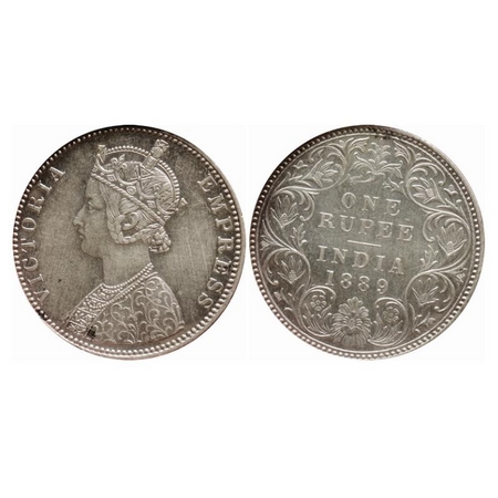 Victoria Empress, Silver, Rupee, 1889, Bombay Mint, C2/I, 'B' incused, Die rotation on rev