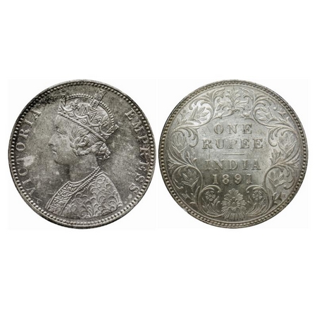 Victoria Empress, Silver, Rupee, 1891, Bombay Mint, C2/I, 'B' incused. GK 569. NGS Slabbed