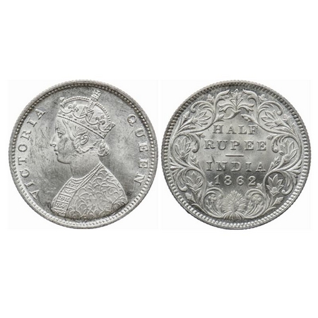 Victoria Queen, Silver, Half Rupee, 1862, Calcutta Mint, C/II. GK 367. Uncirculated. Rare.