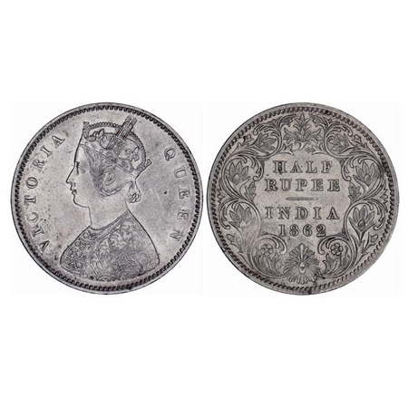 Victoria Queen, Silver, Half Rupee, 1862, Calcutta Mint, A/I, Round pearls, Few nicks on t