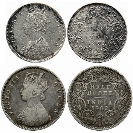 Victoria Queen, Silver, Half Rupee (2 coins), 1862, 1) Calcutta Mint, A/I, Round pearls, F