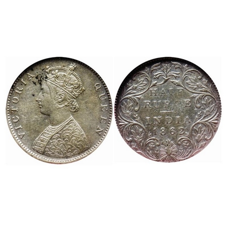 Victoria Queen, Silver, Half Rupee, 1862, Bombay Mint, B1/II, Dress panel and embroidery d