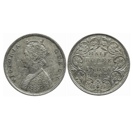 Victoria Queen, Silver, Half Rupee, 1862, Bombay Mint, B1/II, Round pearls. GK 371. About 