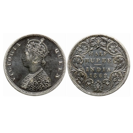 Victoria Queen, Silver, Half Rupee, 1862, Bombay Mint, B2/II. GK 372. About Extremely Fine