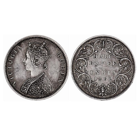 Victoria Queen, Silver, Half Rupee, 1862, Madras Mint, B1/II, Elongated pearls. GK 373. Ex