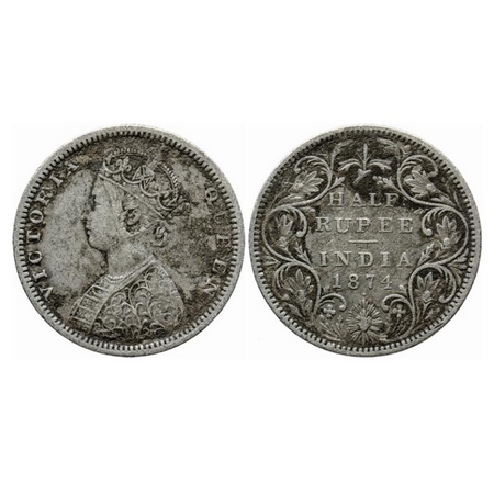 Victoria Queen, Silver, Half Rupee, 1874, Bombay Mint, B2/II, Dot. GK 600. Fine+. Scarce.