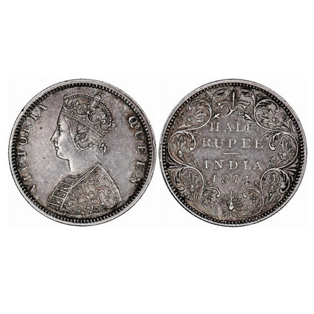 Victoria Queen, Silver, Half Rupee, 1874, Bombay Mint, B2/II, Dot, Tiny nick on obv rim ed