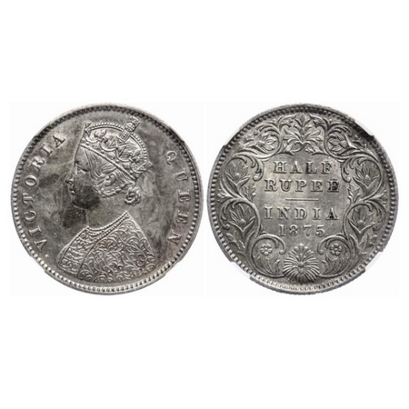 Victoria Queen, Silver, Half Rupee, 1875, Calcutta Mint, A/I, No mint mark. F.Prid. 260. N
