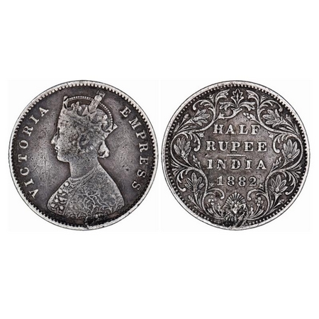 Victoria Empress, Silver, Half Rupee, 1882, Bombay Mint, A/II, Dot. Ex-Mount. GK 620. Abou