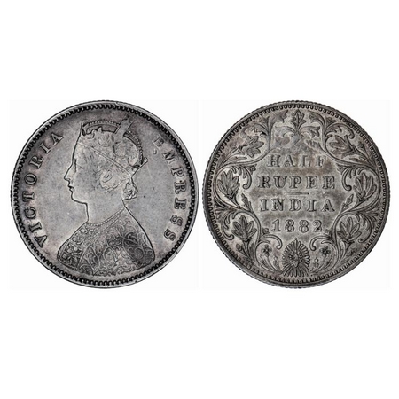 Victoria Empress, Silver, Half Rupee, 1882, Bombay Mint, A/II, Dot, Privy mark 'V' raised 