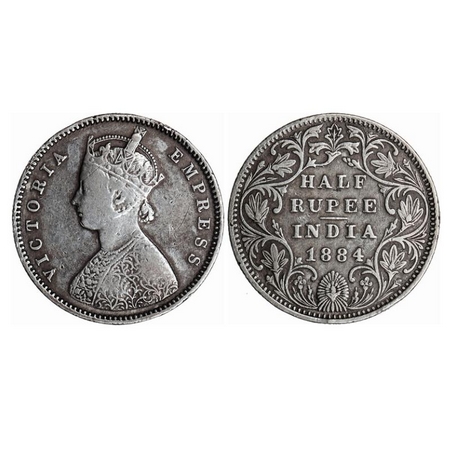Victoria Empress, Silver, Half Rupee, 1884, Bombay Mint, A/II(i), No dot, Center vertical 